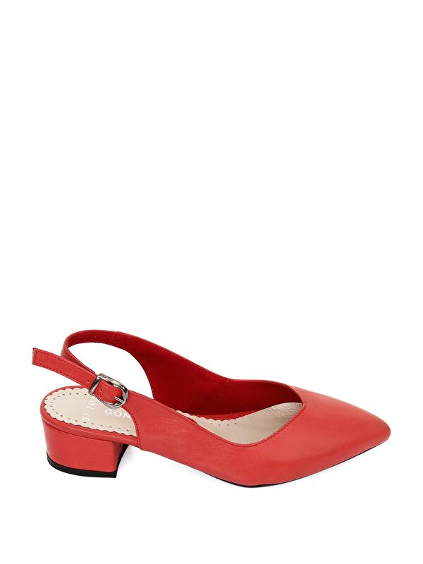 KIRMIZI Hakiki Deri Sivri Burun Kısa Kalın Topuklu Arkası Açık Kadın Yazlık Ayakkabı 24173 - Görsel 5