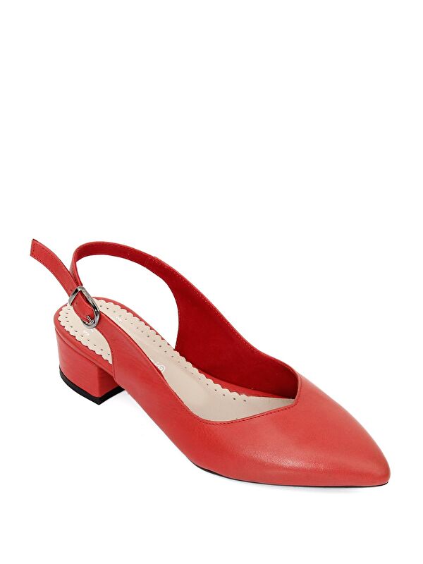 KIRMIZI Hakiki Deri Sivri Burun Kısa Kalın Topuklu Arkası Açık Kadın Yazlık Ayakkabı 24173 - Görsel 6