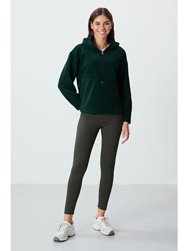 Tommylife Çam Yeşili Kalın Yumuşak Dokulu Kapüşonlu Oversize Nakışlı Polar Kadın Sweatshirt  97286