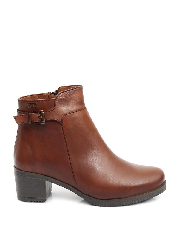 Hakiki Deri Yuvarlak Burun Topuklu Fermuarlı Tokalı Kadın Günlük Bot 47453 - Görsel 3