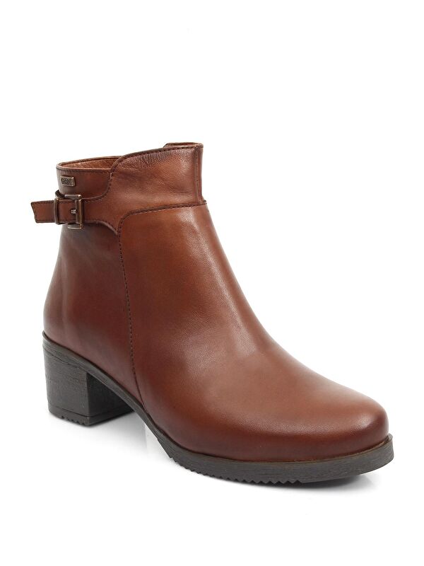 Hakiki Deri Yuvarlak Burun Topuklu Fermuarlı Tokalı Kadın Günlük Bot 47453 - Görsel 5