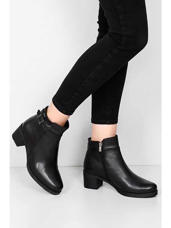 Hakiki Deri Yuvarlak Burun Topuklu Fermuarlı Tokalı Kadın Günlük Bot 47453 - Görsel 3