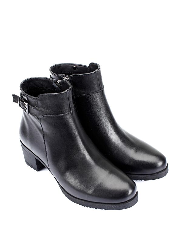 Hakiki Deri Yuvarlak Burun Topuklu Fermuarlı Tokalı Kadın Günlük Bot 47453 - Görsel 5