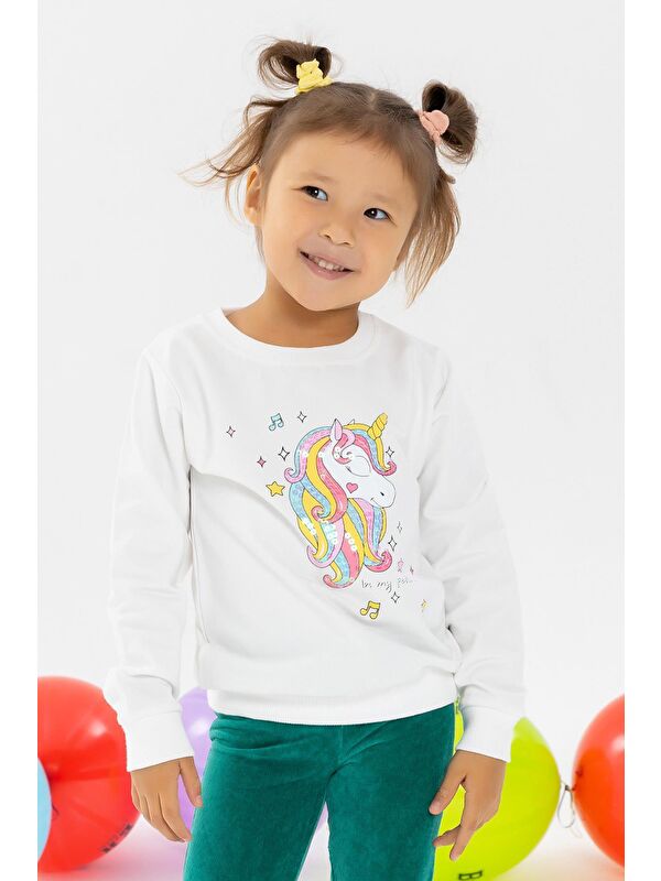 Breeze Kız Çocuk Sweatshirt Baskılı Pullu  Ekru (2-5 Yaş)
