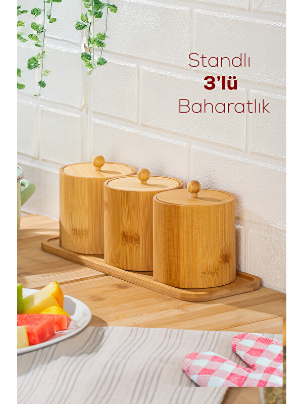 Porsima Pbt-604 Bambu Çok Amaçlı Standlı Saklama Kabı Organizer 4 Parça Baharat Seti