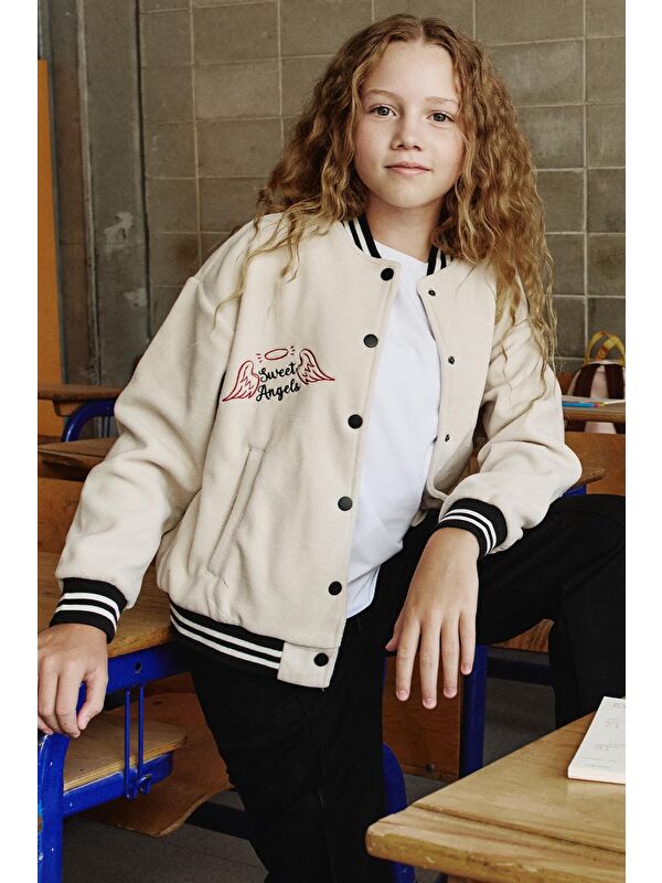 Tommylife Bej Kalın Yumuşak Dokulu Standart Fit Nakışlı Polar Kız Çocuk Kolej Ceket - 75156