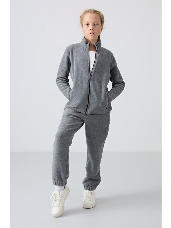 Tommylife Gri Melanj Kalın Yumuşak Dokulu Standart Fit Nakışlı Polar Kız Çocuk Eşofman Alt - 75155