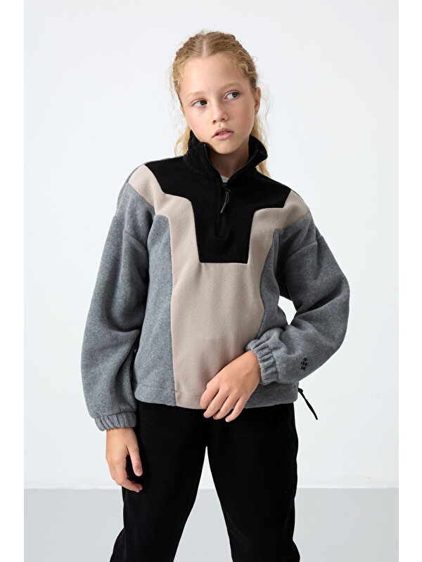 Tommylife Gri Melanj Kalın Yumuşak Dokulu Oversize Nakışlı Polar Kız Çocuk Sweatshirt - 75153