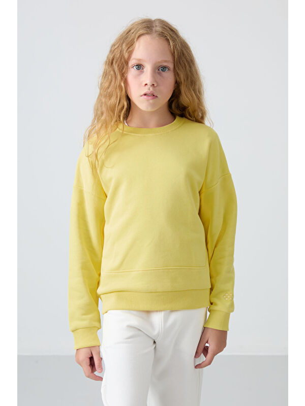 Tommylife Sarı Pamuklu İçi Tüylü Yumuşak Dokulu Oversize Nakışlı Kız Çocuk Sweatshirt - 75150