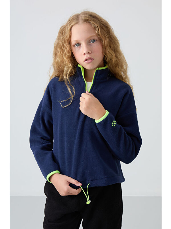 Tommylife İndigo Kalın Yumuşak Dokulu Standart Fit Nakışlı Polar Kız Çocuk Sweatshirt - 75151