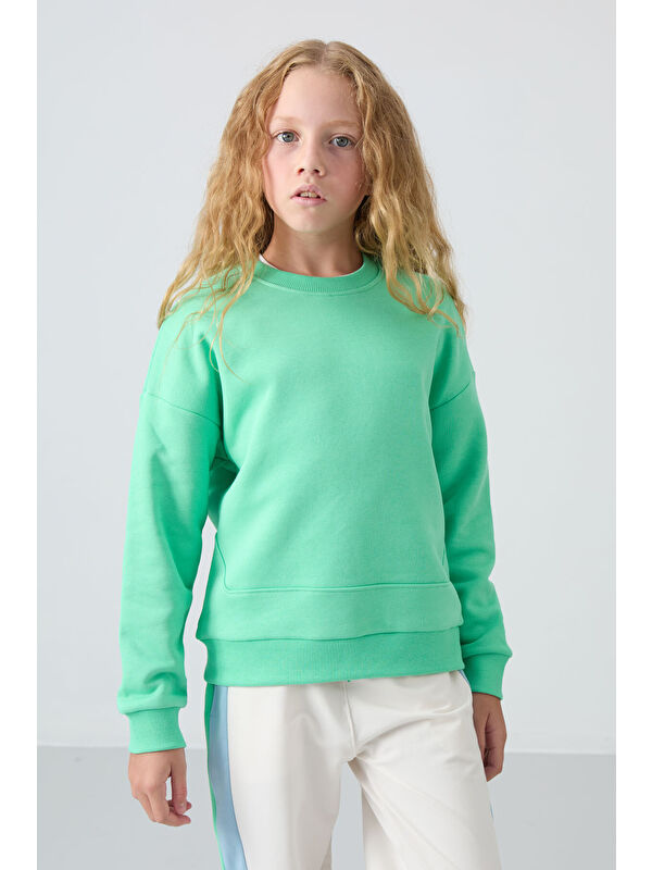 Tommylife Su Yeşil Pamuklu İçi Tüylü Yumuşak Dokulu Oversize Nakışlı Kız Çocuk Sweatshirt - 75150