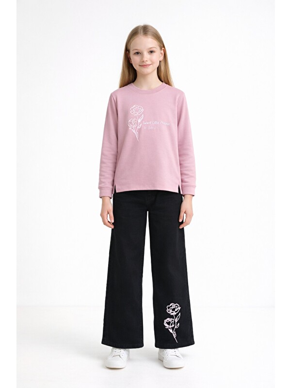 Cansın Mini Pembe Gül Nakışlı Badili Jean Pantolonlu Kız Çocuk 2li Takım 23750