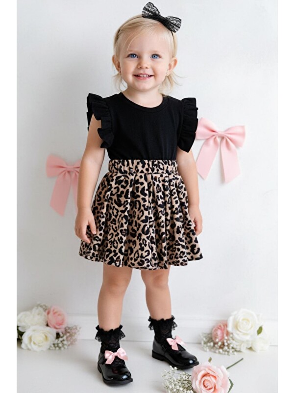Parla Kids Kız Bebek Leopar Fırfırlı Elbise ve Toka Takım