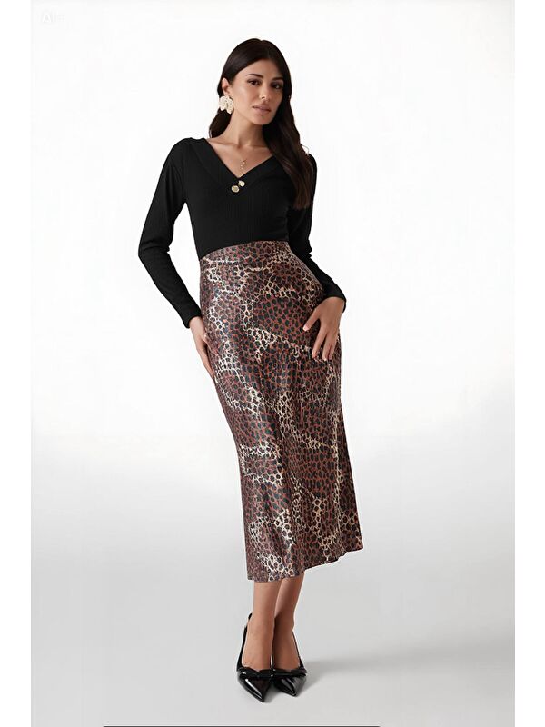 Hazelin Kadın Kahverengi Leopar Desenli Saten Yüzeyli Beli Lastikli Midi Boy Etek Hzl23s-bd1101471