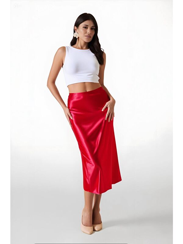 Hazelin Kadın Kırmızı Saten Yüzeyli Beli Lastikli Midi Boy Etek Hzl23S-BD1101471