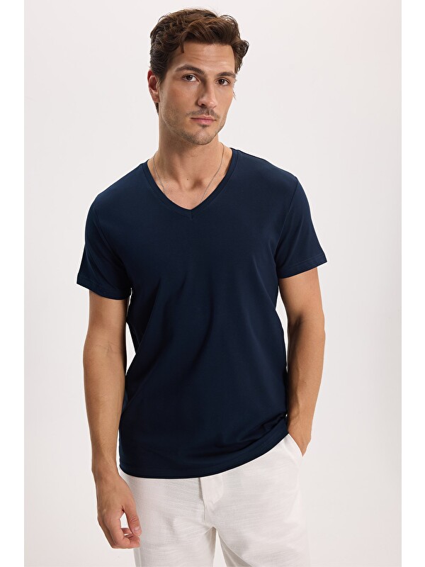 TUDORS Slim Fit V Yaka Düz Basıc Kısa Kol Lacivert Tişört