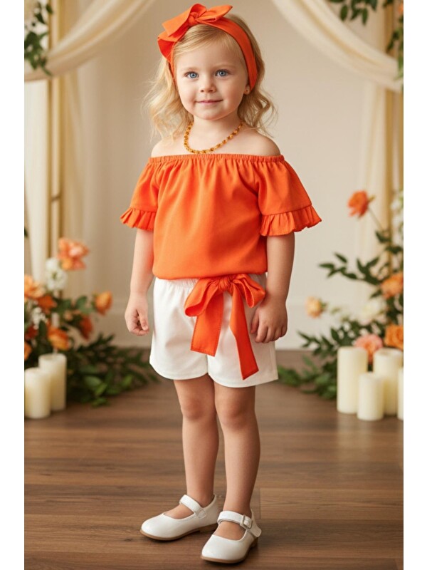 Parla Kids Kız Bebek Sunny Turuncu Madonna Yaka Şortlu Bandana Alt Üst Takım