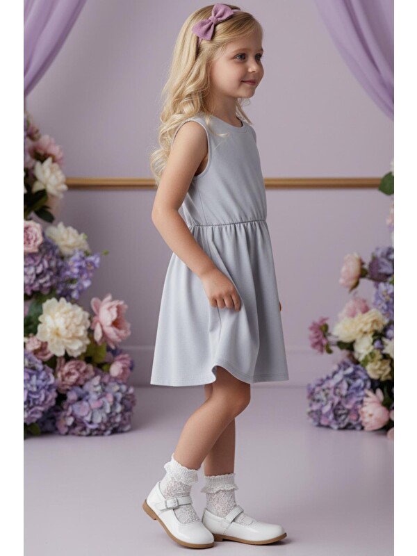 Parla Kids Kız Çocuk Açık Gri Pamuklu Penye Elbise Lila Bandana Takım 0025