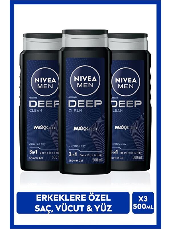 NIVEA Men Deep Dimension Duş Jeli 500 ml X3 Adet, Saç, Yüz Ve Vücut İçin