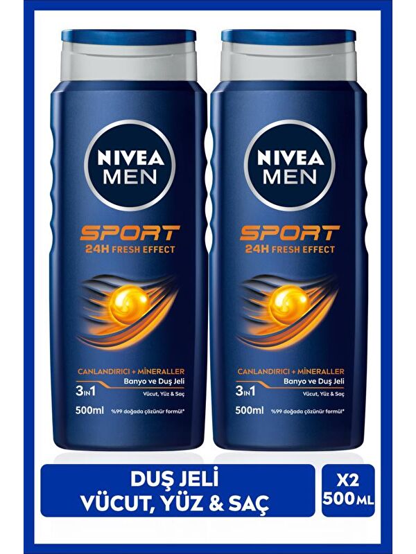 NIVEA Men Duş Jeli Sport, Vücut, Yüz Ve Saç 500 ml x2 Adet, Saç Şampuanı