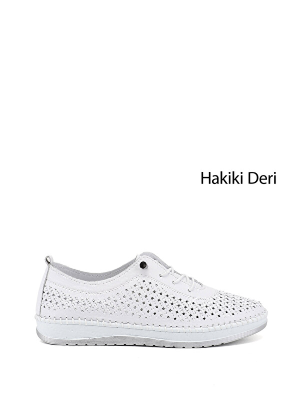 GÖNDERİ(R) Kadın CANLI BEYAZ Bağcıklı Hakiki Deri Comfort Ayakkabı