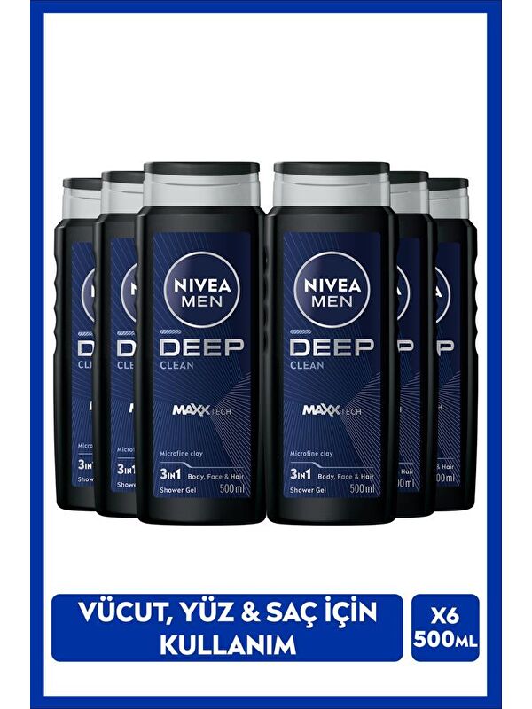 NIVEA MEN Erkek Deep Dimension Banyo Ve Duş Jeli 500ml, 3'ü1 Arada Komple Bakım, Vücut Saç Ve Yüz, X6 Adet