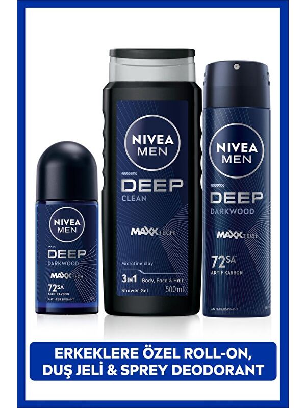 NIVEA Men Deep Dimension Erkek Kişisel Bakım Seti, Duş Jeli 500 ml, Deodorant 150 ml, Roll-On 50 ml