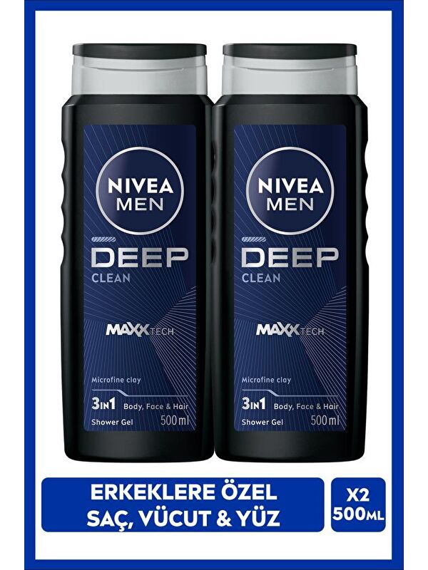 NIVEA Men Deep Dimension Duş Jeli, Vücut, Yüz Ve Saç Şampuanı 500 ml x2 Adet, Banyo Lifi Hediye