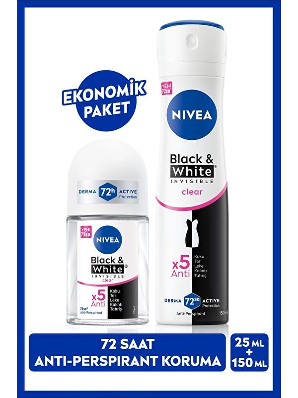 NIVEA Kadın Sprey Deodorant Black&White Clear 150ml ve Mini Roll-on Black&White Clear