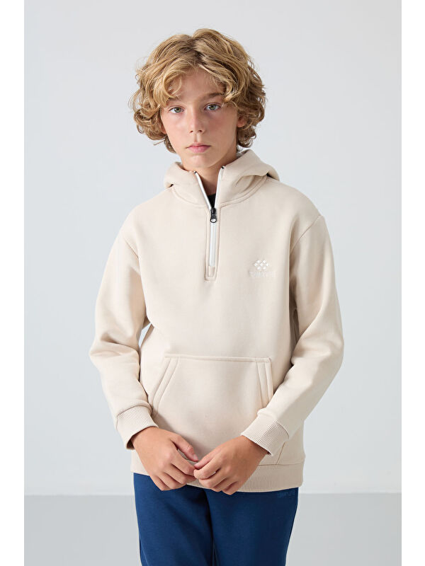Tommylife Bej Pamuklu Kalın İçi Tüylü Yumuşak Dokulu Standart Fit Nakışlı Erkek Çocuk Sweatshirt - 11244