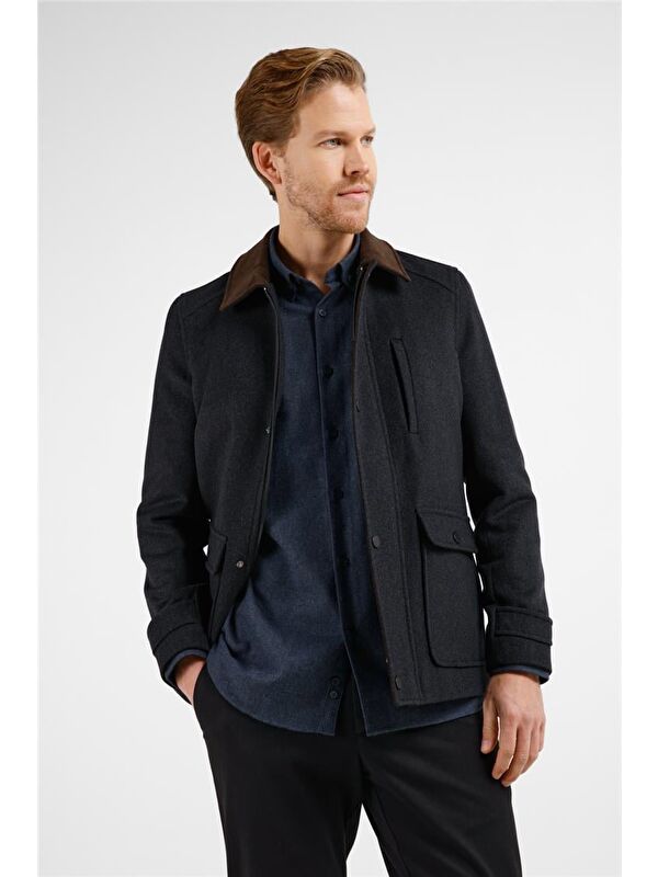 İMZA Antrasit Kadife Yaka Düz Yırtmaçsız Tam Astar Slim Fit Casual Mont
