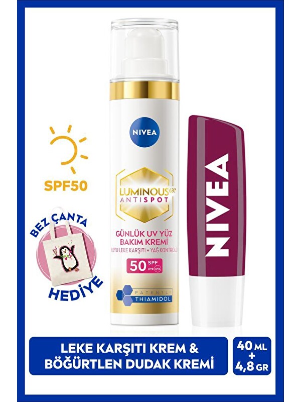 NIVEA Luminous630 Thiamidol Etkili Leke Karşıtı Gündüz Yüz Kremi 40ml ve Böğürtlen Dudak Bakım Kremi 4,8gr