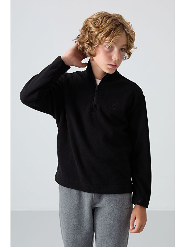 Tommylife Siyah Kalın Yumuşak Dokulu Standart Fit Nakışlı Polar Erkek Çocuk Sweatshirt - 11221