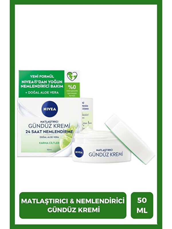 NIVEA Matlaştırıcı Gündüz Yüz Bakım Kremi 50ml, 24 Saat Yoğun Nemlendirici, Karma Ciltler, Aloe Vera