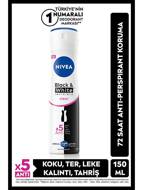 NIVEA Kadın Sprey Deodorant Black&White Invisible Clear 150ml, 72 Saat Anti-perspirant Koruma