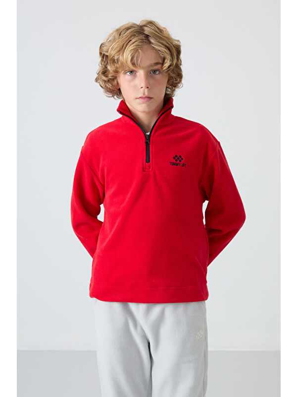 Tommylife Kırmızı Kalın Yumuşak Dokulu Standart Fit Nakışlı Polar Erkek Çocuk Sweatshirt - 11221