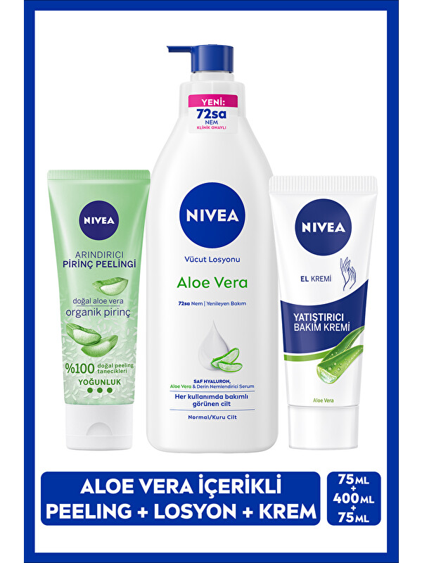 NIVEA Aloe Vera Pump Losyon 400 ml + Yatıştırıcı El Kremi 75 ml - Aloe Vera +Aloe Vera Dudak Peelingi