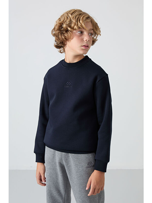 Tommylife Lacivert Pamuklu Kalın İçi Tüylü Yumuşak Dokulu Standart Fit Nakışlı Erkek Çocuk Sweatshirt - 11232