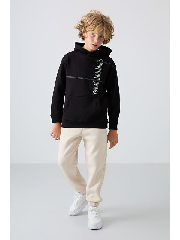 Tommylife Bej Pamuklu Kalın İçi Tüylü Yumuşak Dokulu Standart Fit Baskılı Erkek Çocuk Eşofman Alt - 11225