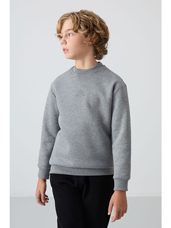 Tommylife Gri Melanj Pamuklu Kalın İçi Tüylü Yumuşak Dokulu Standart Fit Nakışlı Erkek Çocuk Sweatshirt - 112