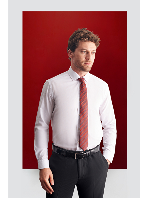 İMZA Beyaz Yarım İtalyan Yaka Uzun Kol Easy To Iron Slim Fit Pamuklu Gömlek 1004255301