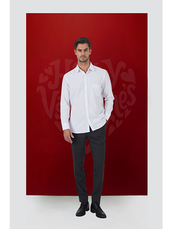 İMZA Uzun Kol Desenli Armürlü Sert Yaka Cepli Pamuklu Classic Comfort Fit Büyük Beden Gömlek 1004250187