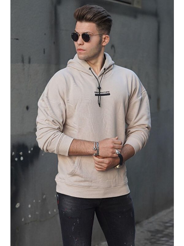 Madmext Bej Baskılı Kapüşonlu Erkek %100 Pamuk Hoodie 4722