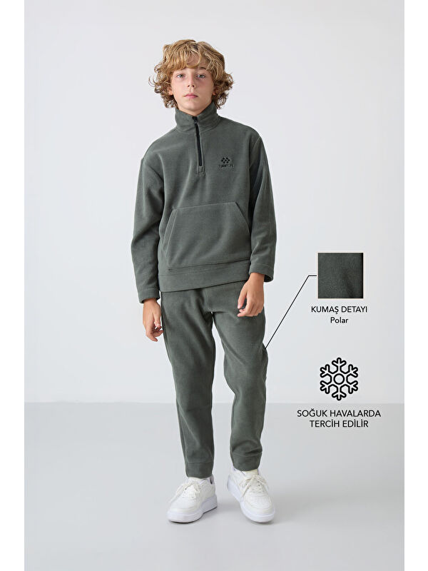 Tommylife Haki Kalın Yumuşak Dokulu Standart Fit Nakışlı Polar Erkek Çocuk Eşofman Takım - 11218