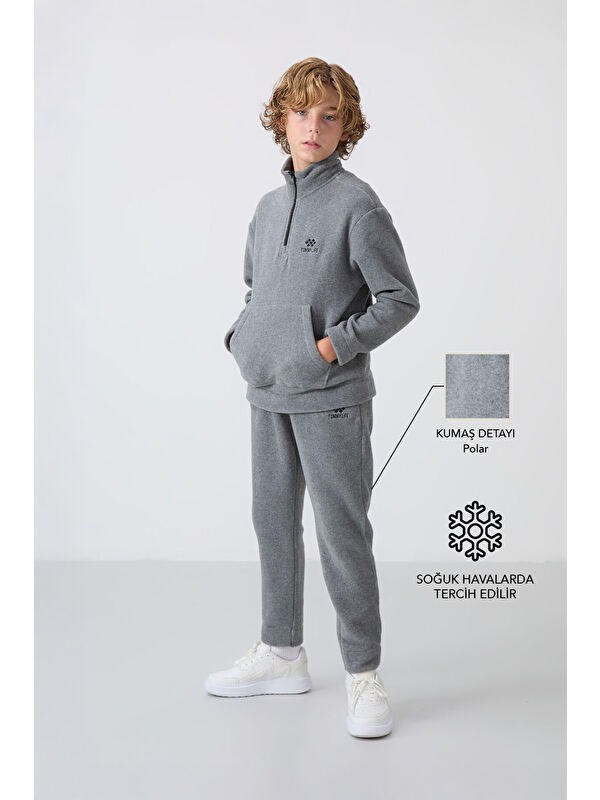 Tommylife Gri Melanj Kalın Yumuşak Dokulu Standart Fit Nakışlı Polar Erkek Çocuk Eşofman Takım - 11218