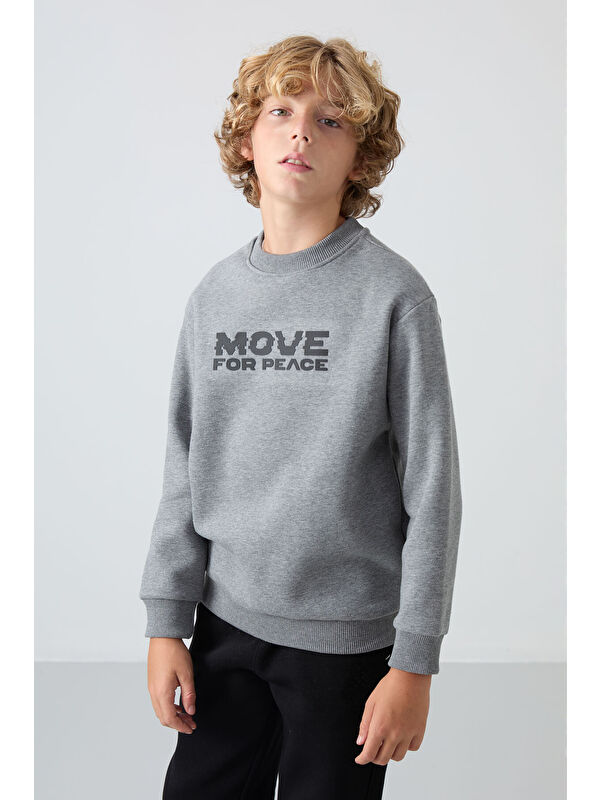 Tommylife Gri Melanj Pamuklu Kalın İçi Tüylü Yumuşak Dokulu Standart Fit Baskılı Erkek Çocuk Sweatshirt - 112