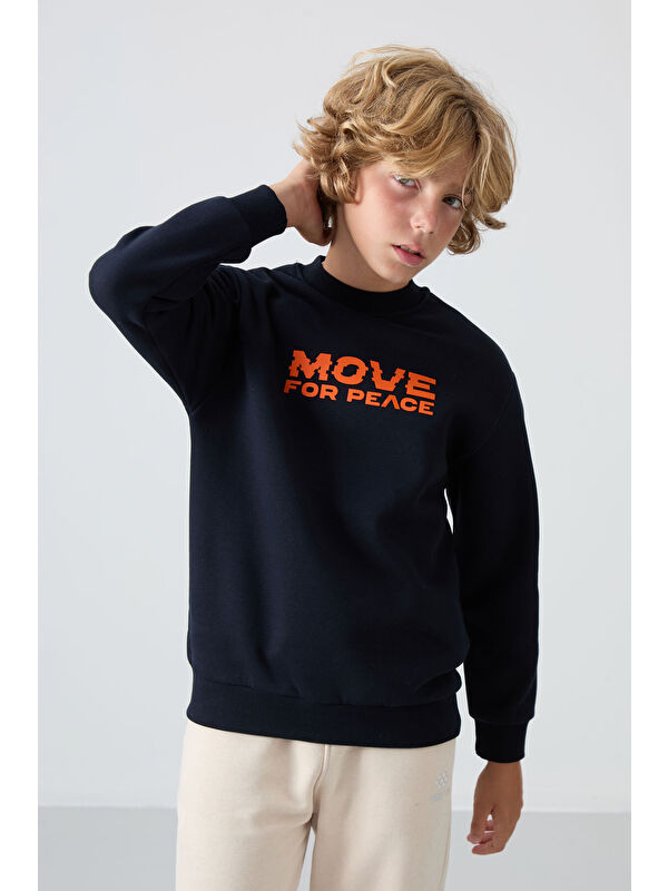 Tommylife Lacivert Pamuklu Kalın İçi Tüylü Yumuşak Dokulu Standart Fit Baskılı Erkek Çocuk Sweatshirt - 11216