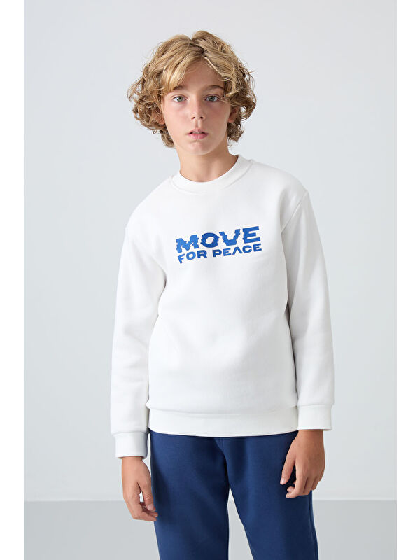Tommylife Ekru Pamuklu Kalın İçi Tüylü Yumuşak Dokulu Standart Fit Baskılı Erkek Çocuk Sweatshirt - 11216
