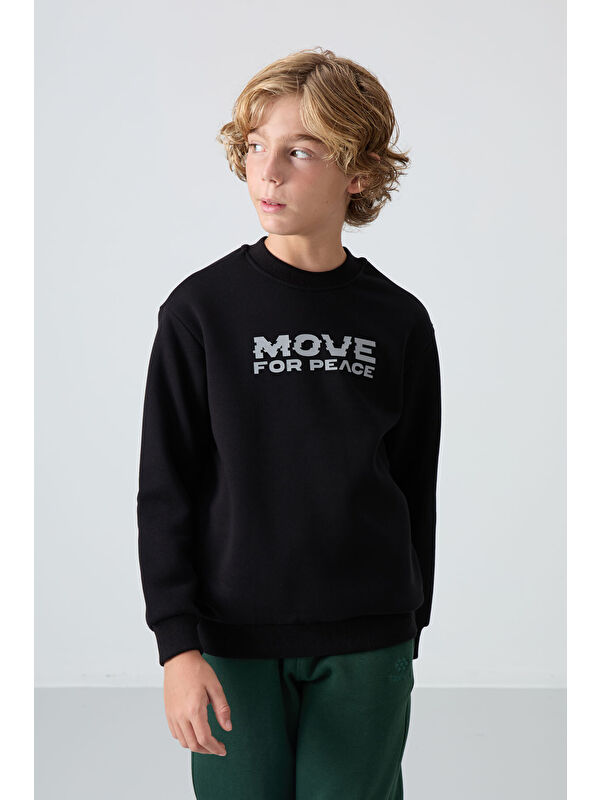 Tommylife Siyah Pamuklu Kalın İçi Tüylü Yumuşak Dokulu Standart Fit Baskılı Erkek Çocuk Sweatshirt - 11216