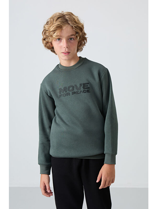 Tommylife Haki Pamuklu Kalın İçi Tüylü Yumuşak Dokulu Standart Fit Baskılı Erkek Çocuk Sweatshirt - 11216